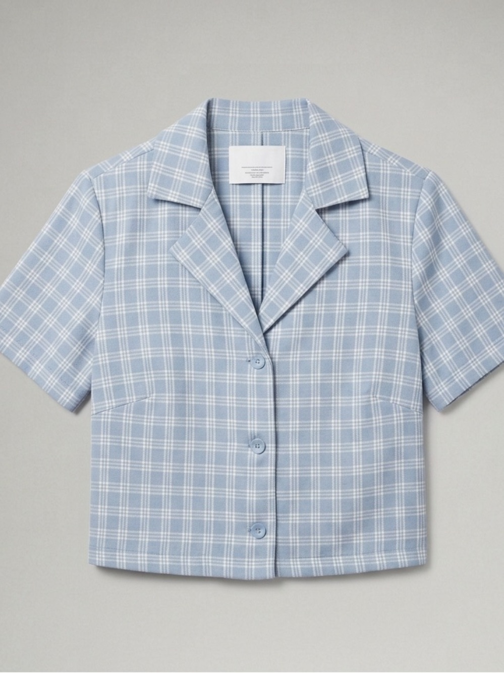 Elodie Light Blue Plaid Cropped Button-Up Blouse